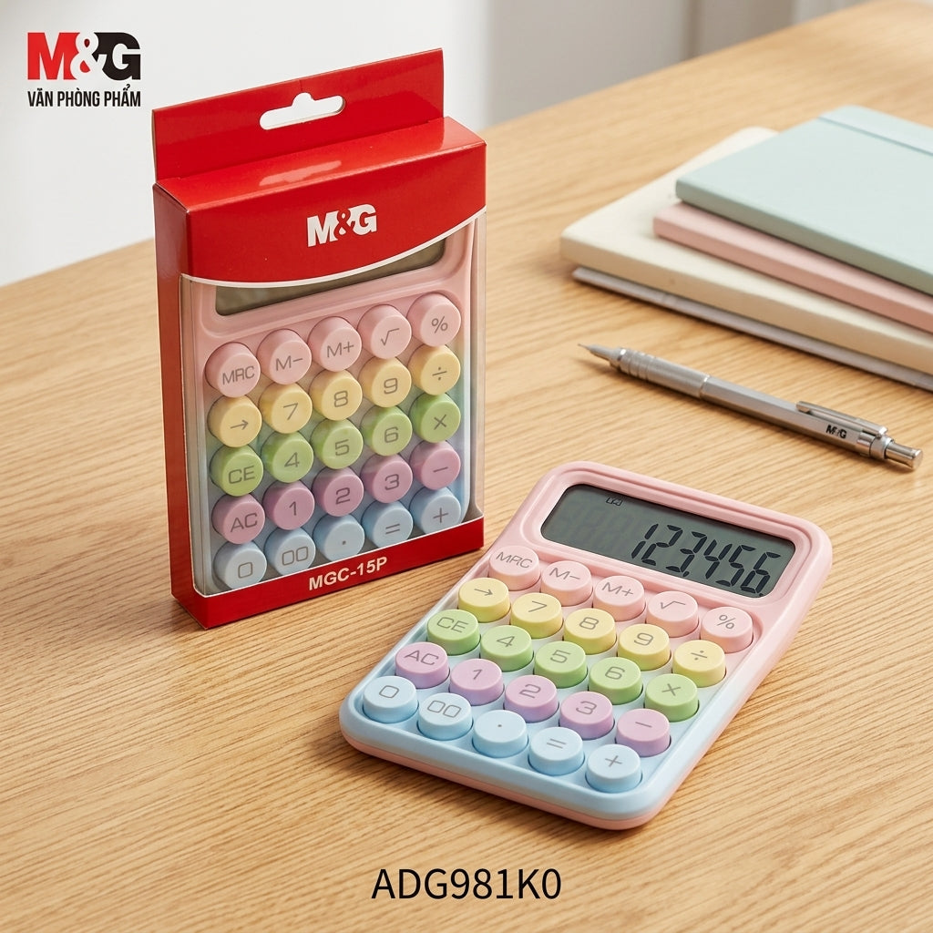 M&G Chenguang MGC-15P Desktop Calculator, 10-Digit Display – Pastel Rainbow Design, Large Round Keys, Portable Office & School Calculator - No: ADG981K0