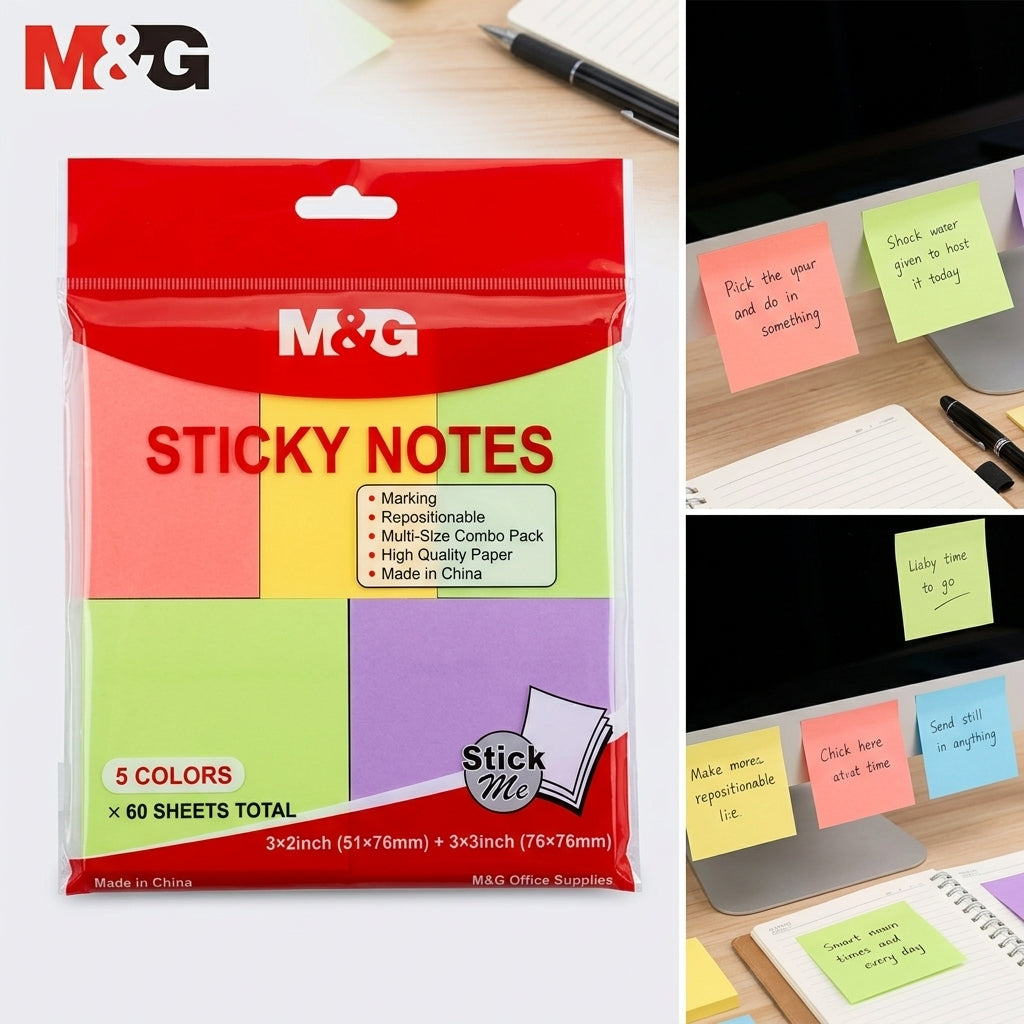 M&G Chenguang Sticky Notes Combo Pack – 5 Assorted Colors, 60 Sheets, Repositionable Self-Adhesive Memo Notes, 3×2 in (51×76 mm) & 3×3 in (76×76 mm)