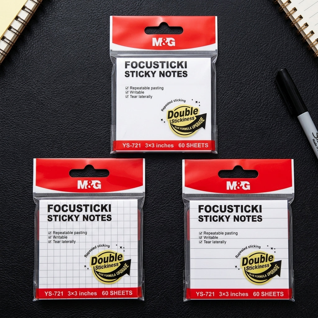 M&G Chenguang FocusTicki Sticky Notes 3 × 3 Inches, 60 Sheets, White (Plain / Lined / Grid), Repositionable Self-Adhesive Memo Pads- 1pcs – No: YS-721