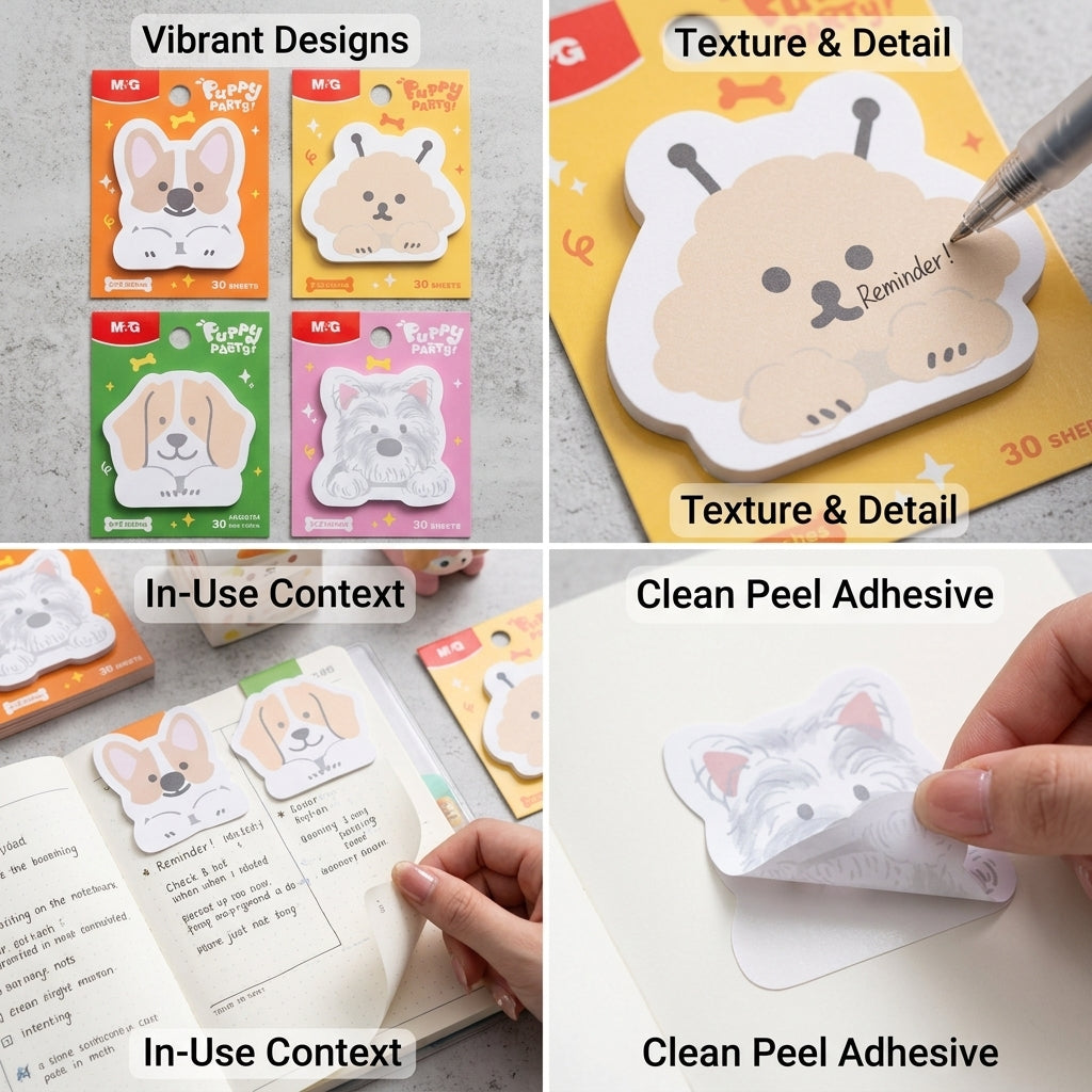 M&G Chenguang Puppy Party Die-Cut Sticky Notes – Cute Animal Memo Pad, 3 × 2 Inches, 30 Sheets, Assorted Designs - 1pcs - No: AS32B104