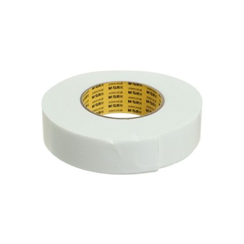 Roll of white tape with a visible brand label on a white background
