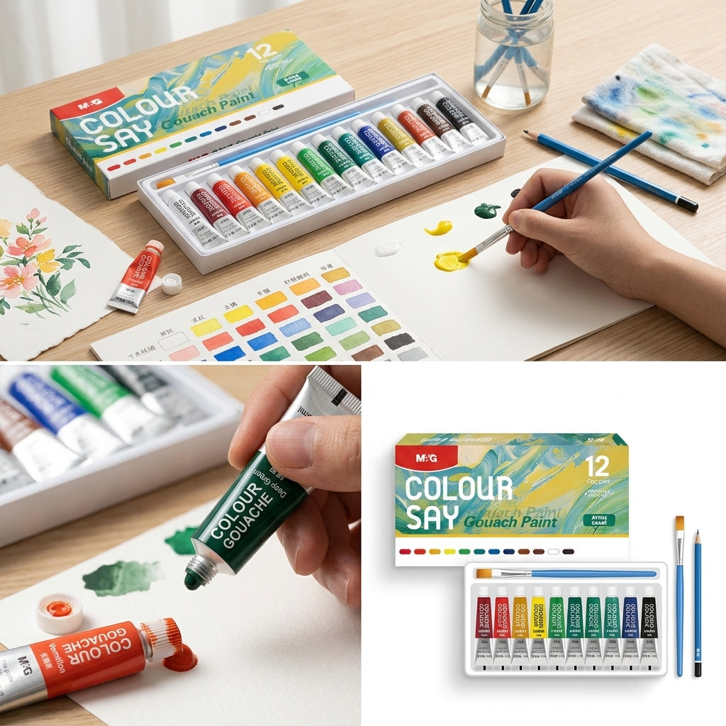 Collage of M&G Colour Say Gouache Paint set with paintbrushes and color swatches on a wooden table.