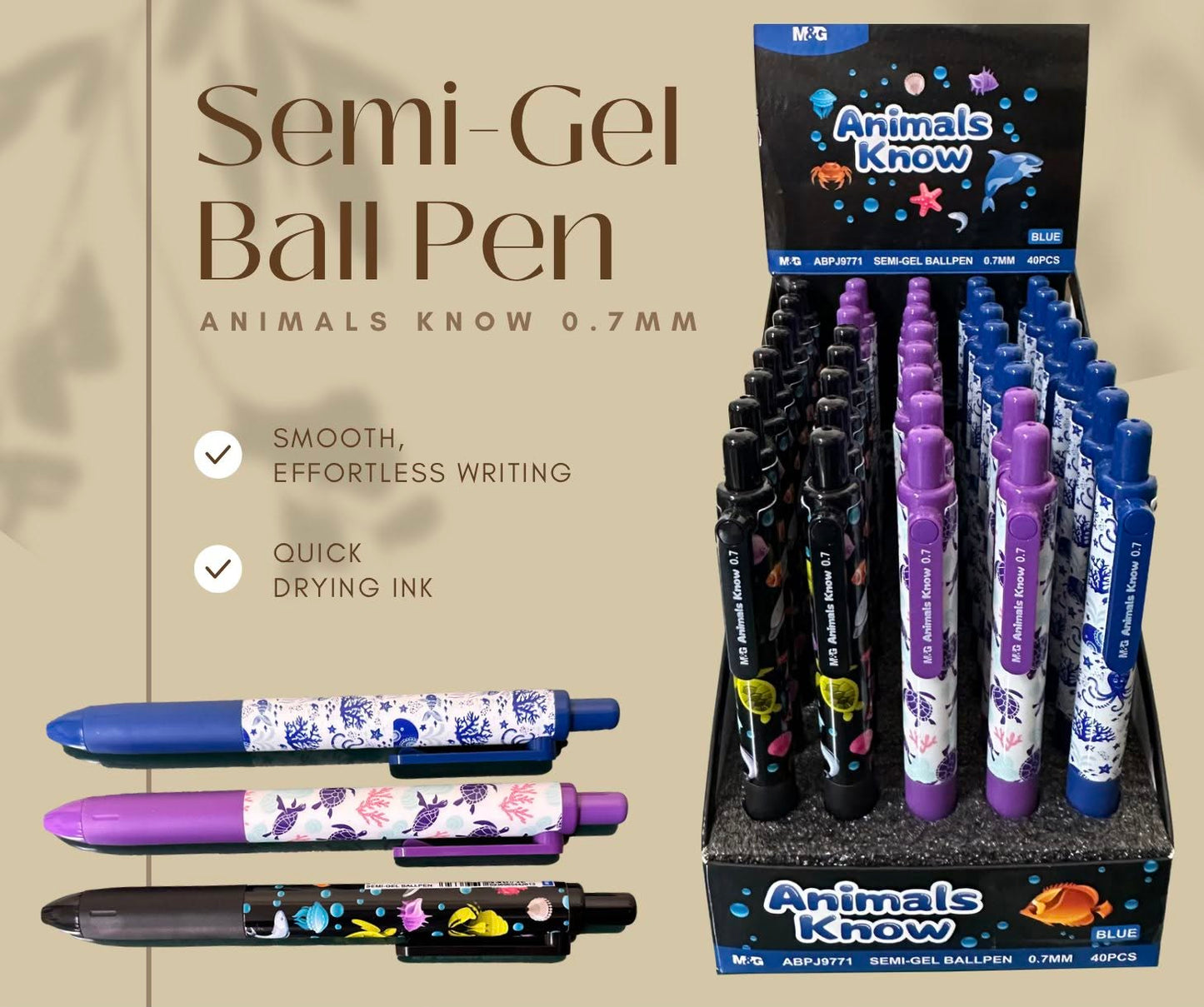 M&G Chenguang Animals Know Semi-Gel Ballpoint Pen 0.7mm – Smooth Writing Blue Ink Retractable Pen -1pcs - No:ABP9777