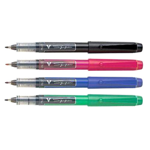 Four markers in black, pink, blue, and green on a white background