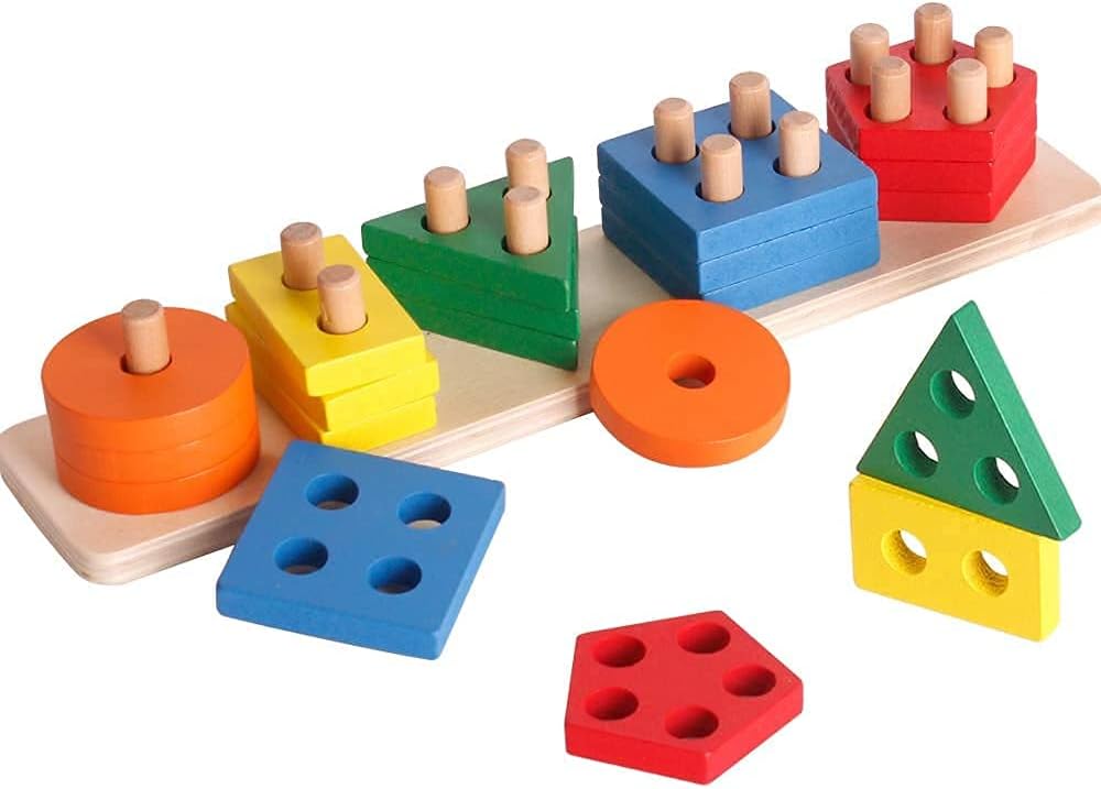 Wooden Multi Colored Angle Geometric Blocks Stacker Shape