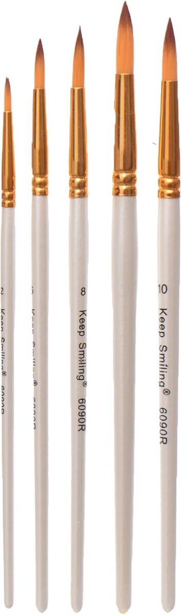 Keep Smilling Set Of 5 Pieces Of Round Paint Brushwith White Handel - NO: 6090R
