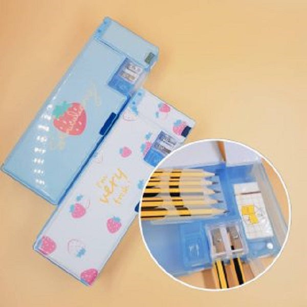 مقلمة 4 في 1 + مبراة + حامل أقلام + علبة ممحاة - أزرق