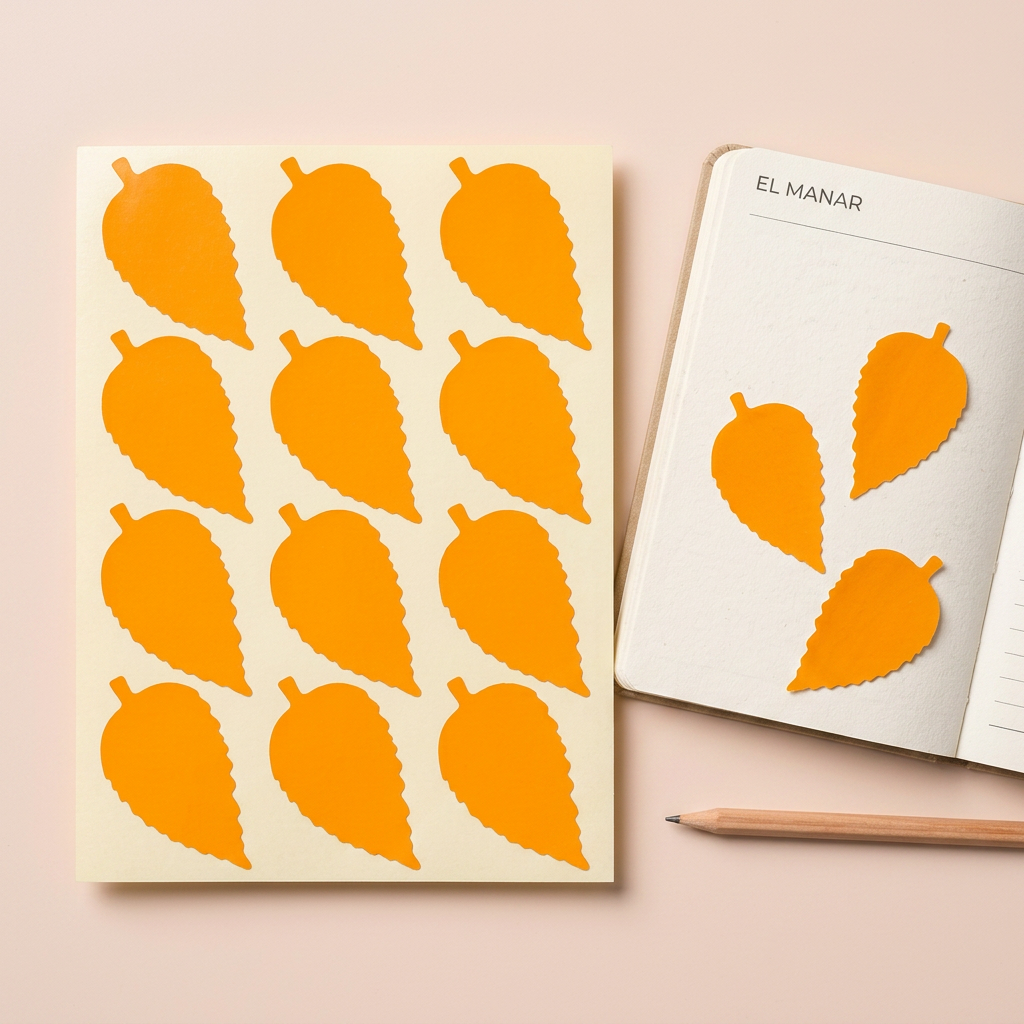 El Manar orange leaf reward sticker sheet flatlay with peeled stickers