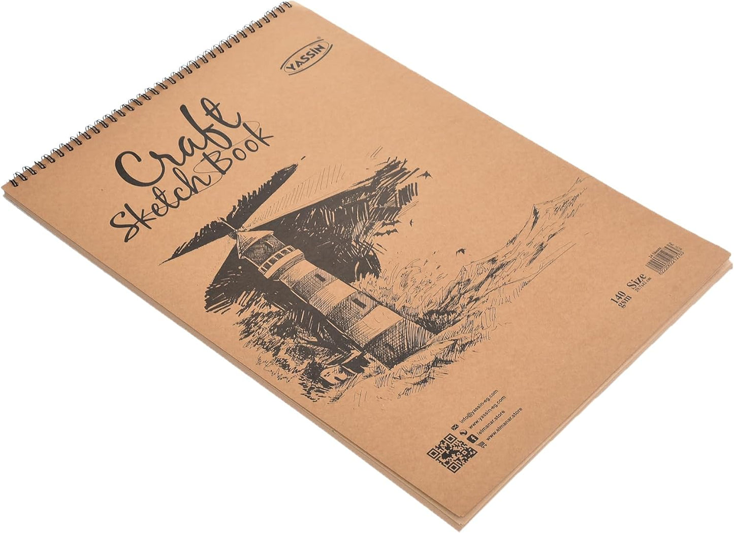 دفتر رسم ياسين كرافت، 24 ورقة، 27 × 42 سم، غلاف سلكي، 140 جرامًا للمتر المربع، للمشاريع الفنية