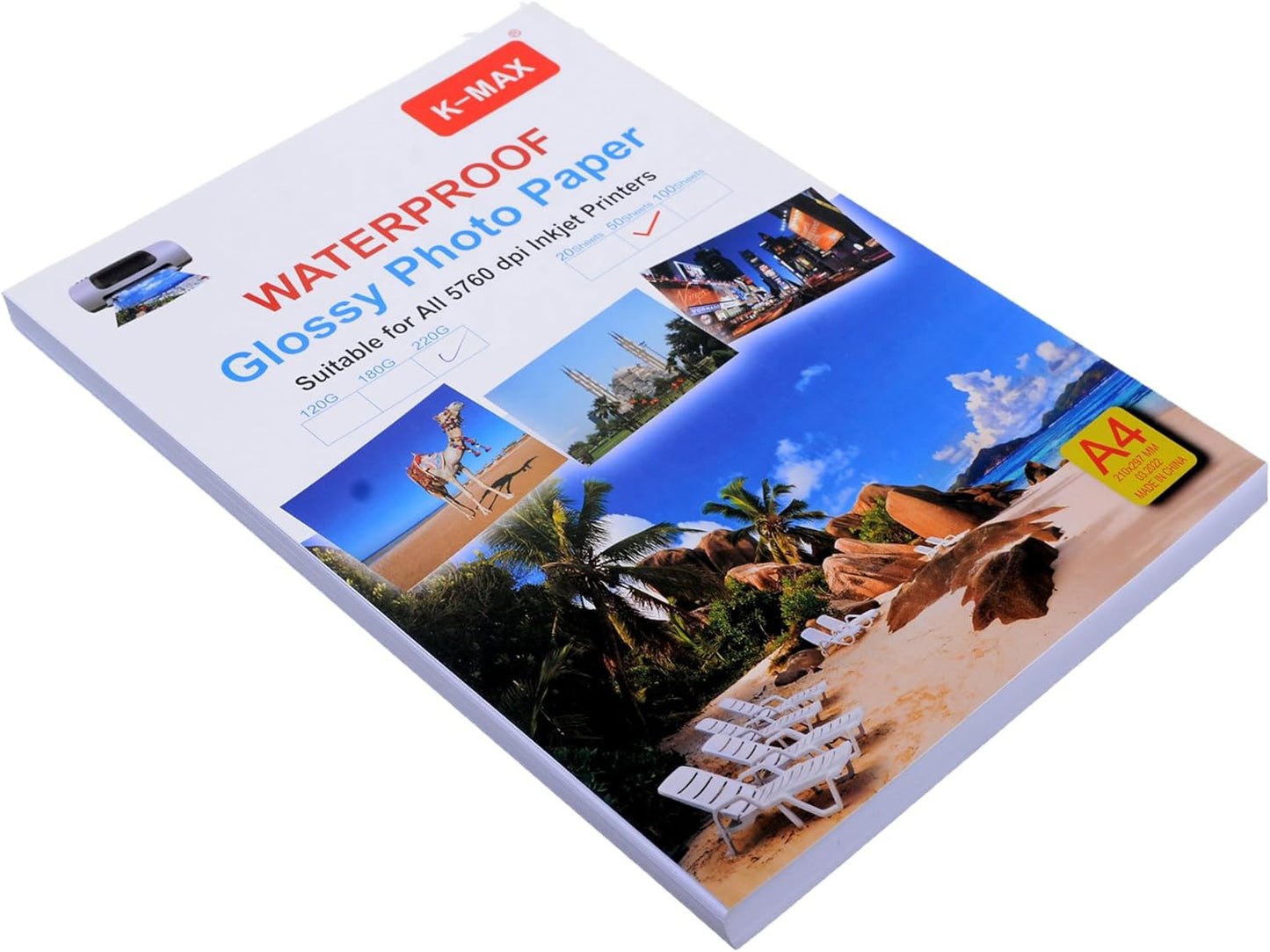 ورق لامع من كي-ماكس، 220 غرام/متر مربع، 50 ورقة، مقاس A4