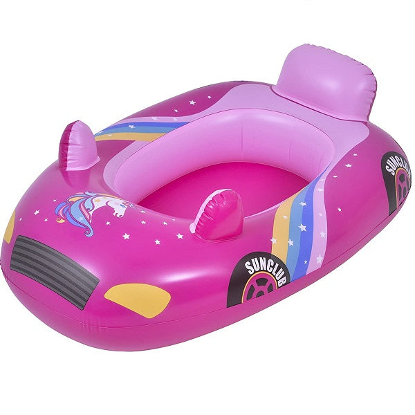Pink inflatable child's pool float with unicorn design on a white background