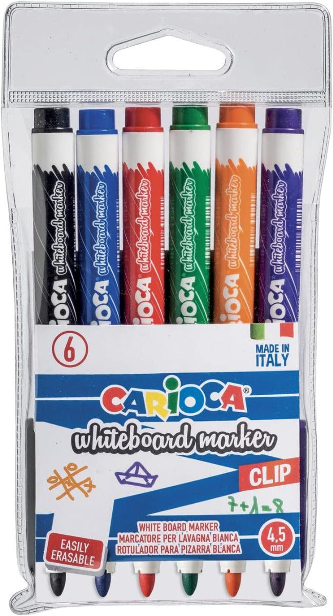 Carioca Clip Erasable Whiteboard Markers – Pack of 6 Assorted Colours - No:12921