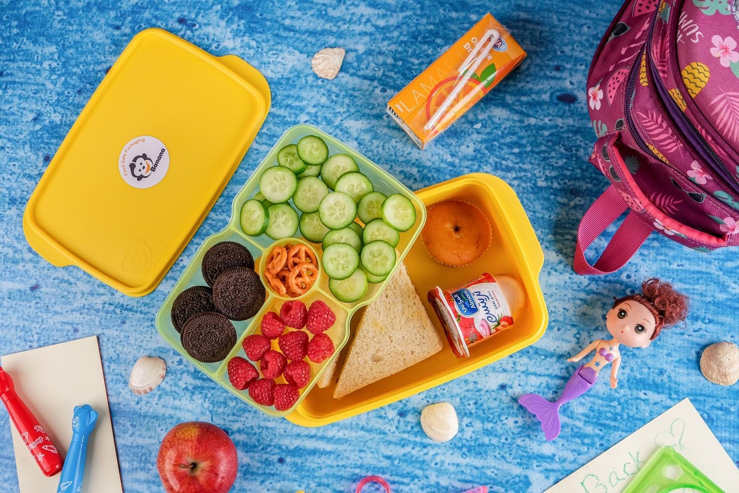 علبة غداء على شكل موز، سعة 1.5 لتر، طبقتان مع فواصل (أصفر)