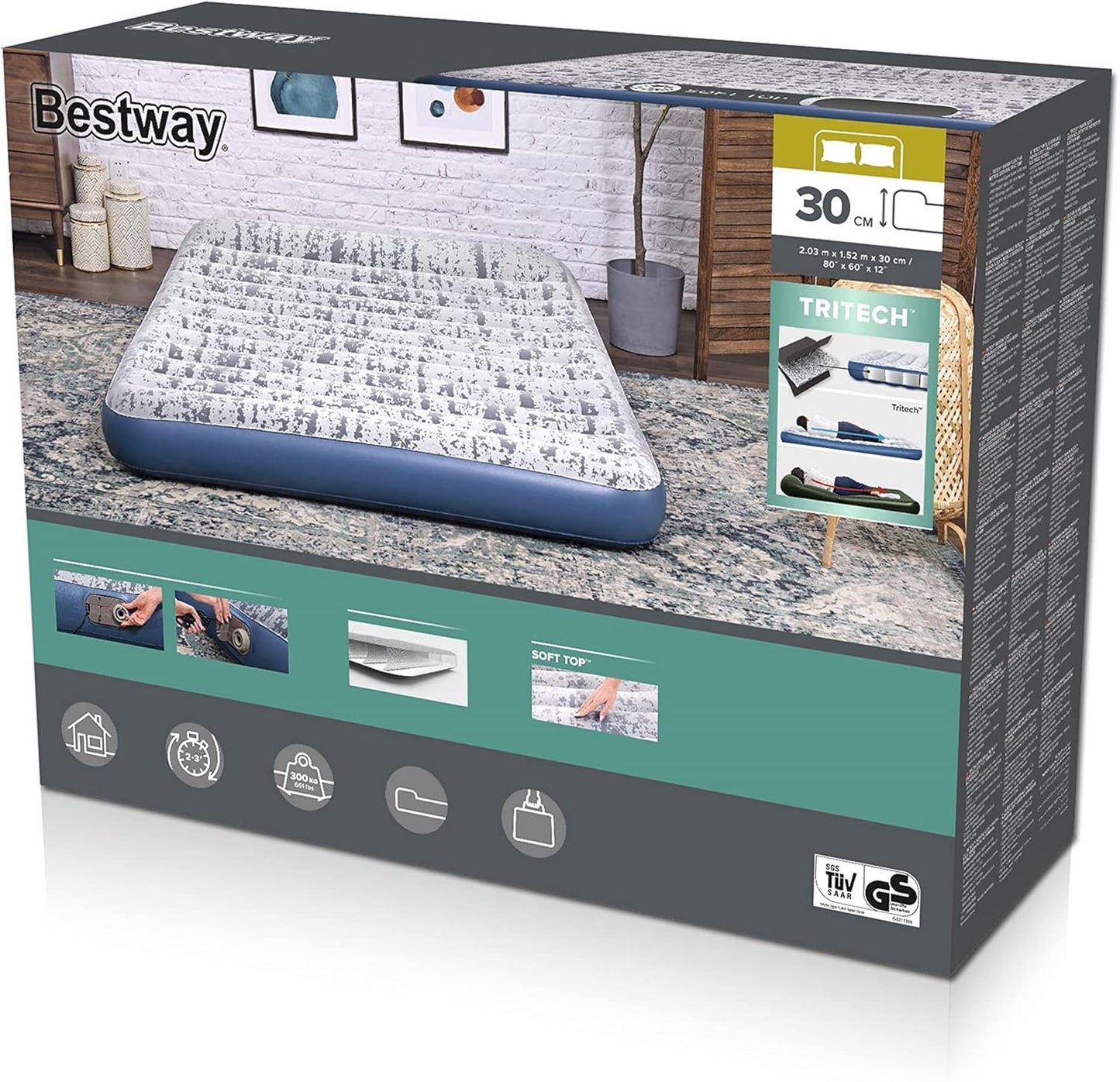 Bestway Tritech Fashion Flock Air Mattress Queen Built-in AC Pump 2.03m x 1.52m x 30cm - No:67836