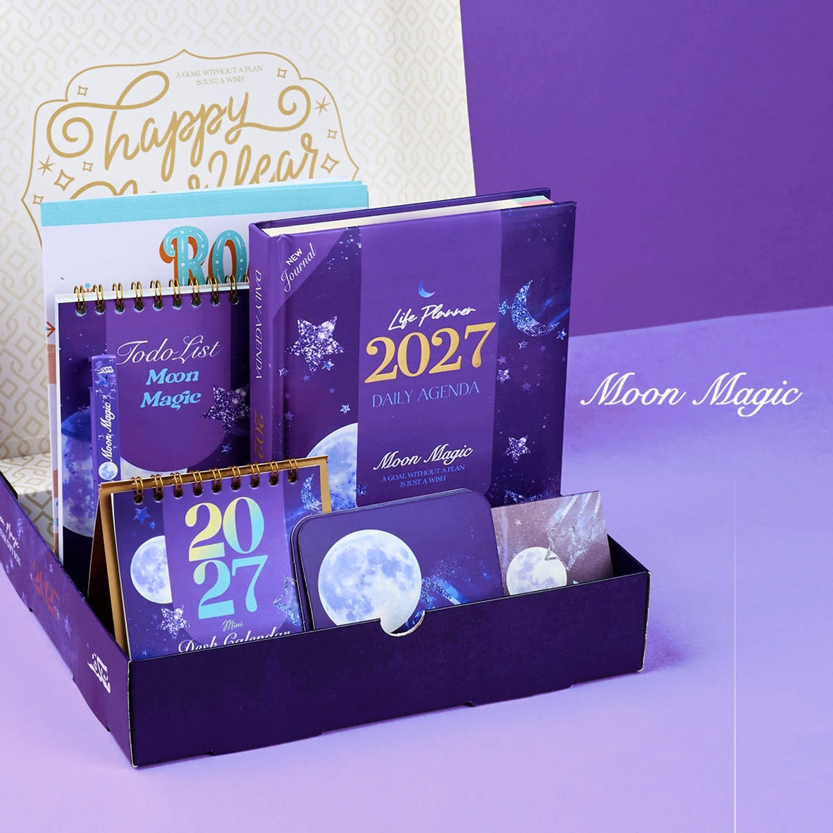 Mofakera Moon Magic 2027 Year Gift Box – Luxury A5 Daily Planner & 10-Piece Stationery Gift Set - Purple ( Agenda )