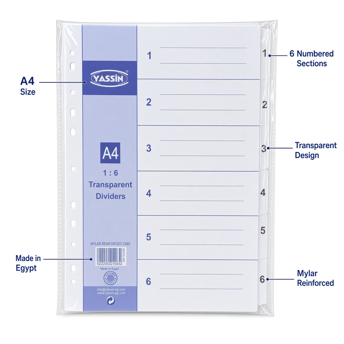 YASSIN A4 6-Section Transparent Index Dividers – Numbered File Organizer with Reinforced Mylar Tabs - No: YA2106