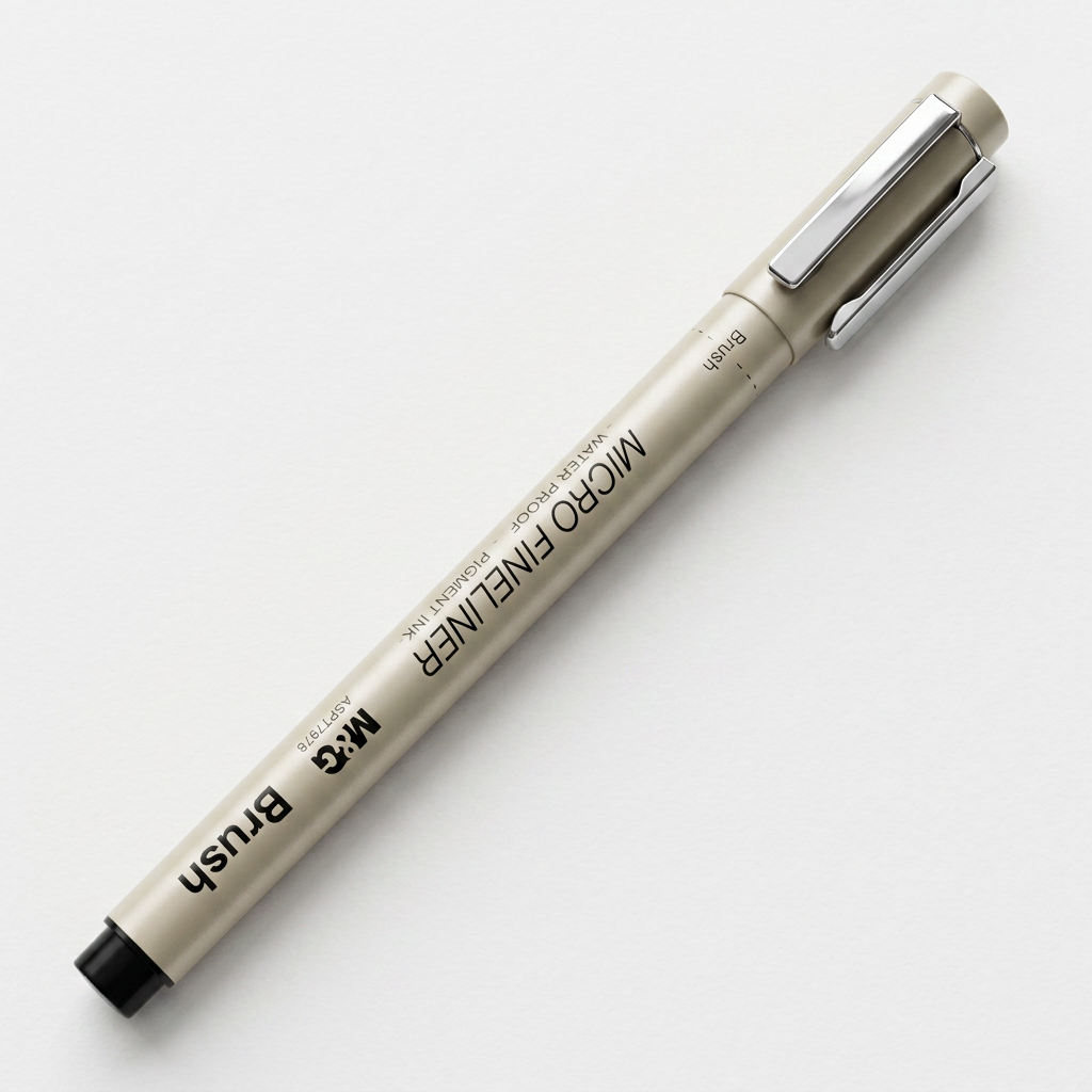 M&G micro fineliner brush pen flatlay with brush-lettering sample