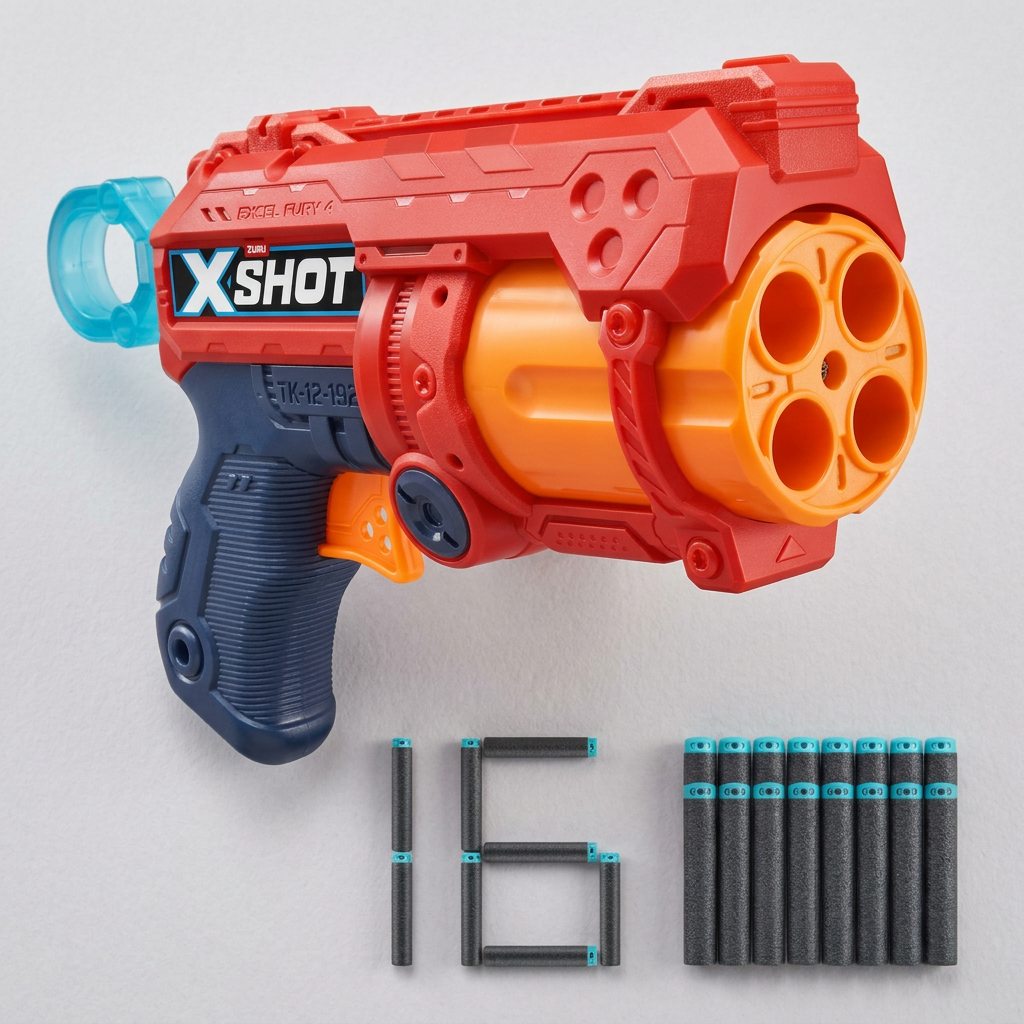 X-Shot Excel Fury 4 foam dart blaster with 16 darts flatlay