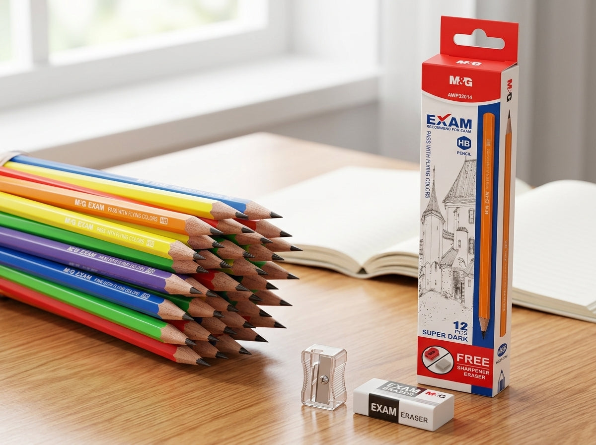 M&G Chenguang Exam HB Wooden Pencils – Super Dark Graphite with Free Sharpener & Eraser, 12-Pack, School & Exam Writing - No: AWP32014