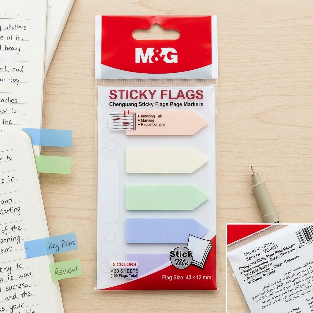 M&G Chenguang Sticky Flags Page Markers – 5 Colors, 20 Sheets Each, Repositionable Index Tabs, 43 × 12 mm - No: YS-451