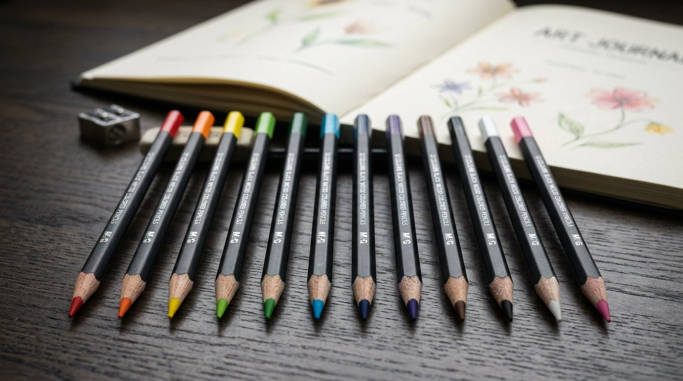 M&G Chenguang Black Wooden Colored Pencils – Hexagonal Shape, Super Soft Lead, Extra Smooth Drawing 12 Colors - No: AWP39817
