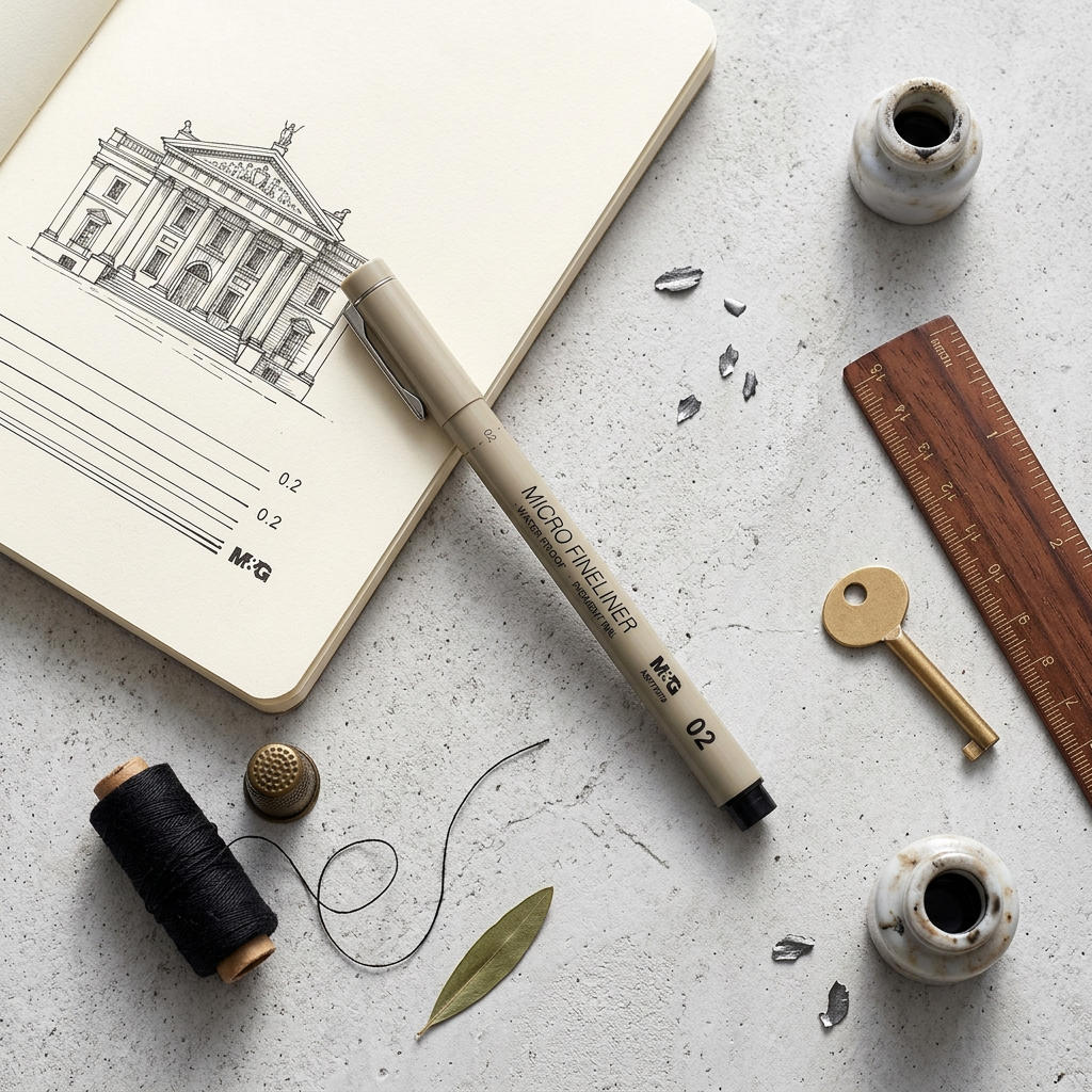 M&G 0.2mm micro fineliner pen flatlay with line-art drawing