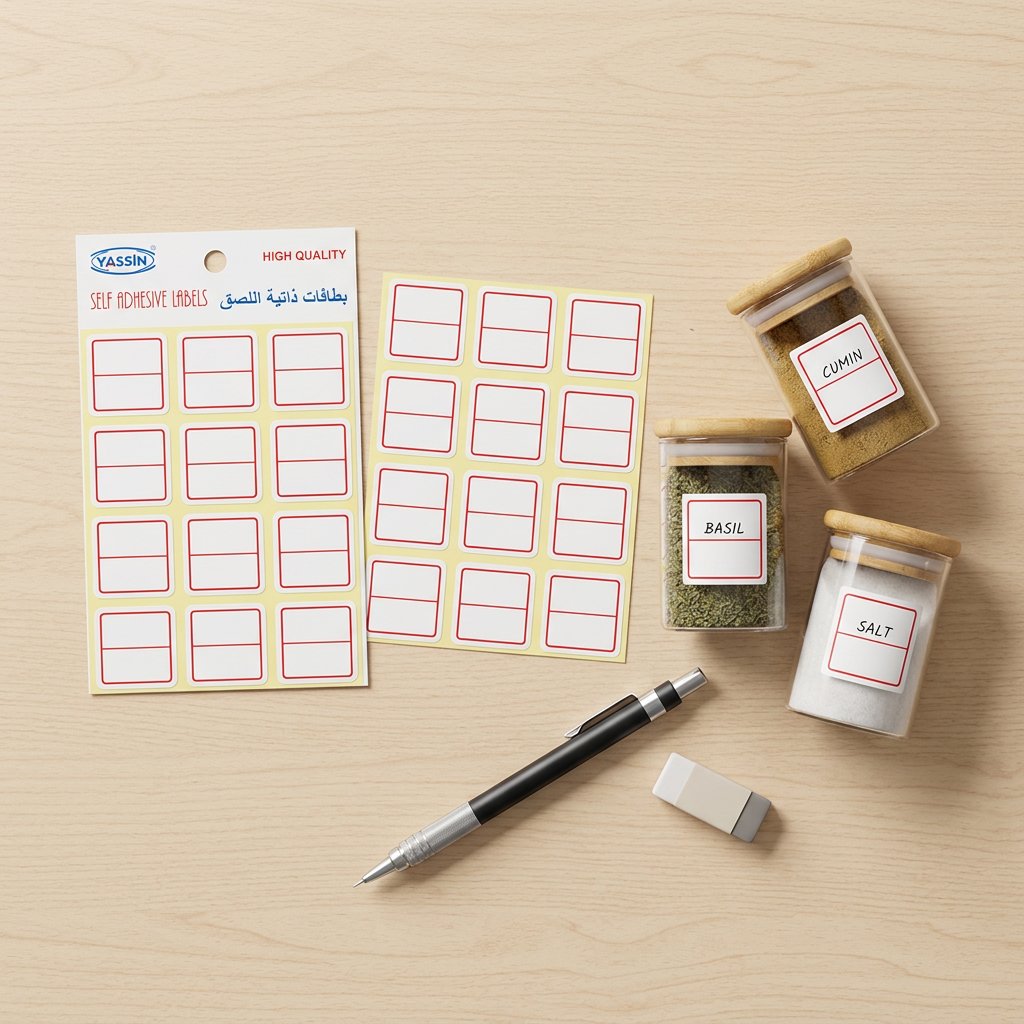 Yassin small white square labels pack flatlay with labeled jars