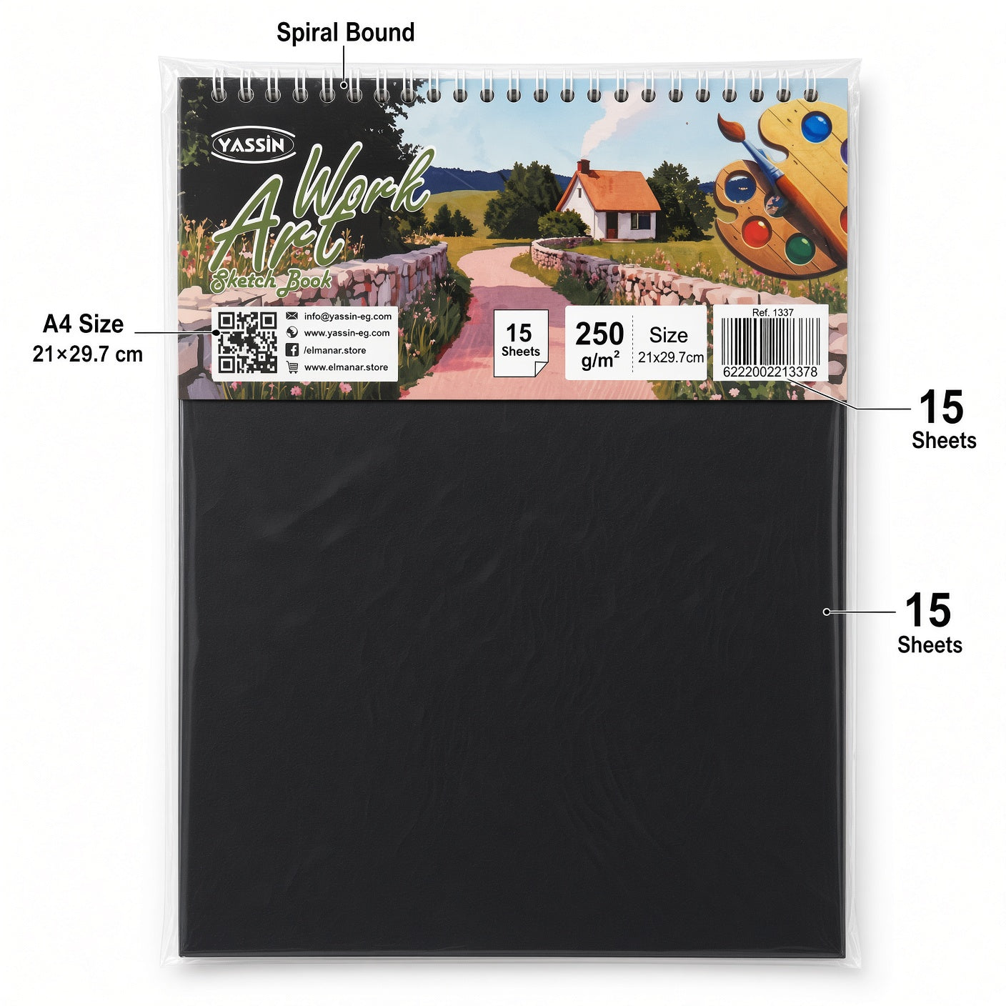YASSIN Art Work Sketch Book A4 – 15 Sheets, 250 GSM, Spiral Bound Drawing & Sketch Pad white paper, 21 × 29.7 cm - No: 1337