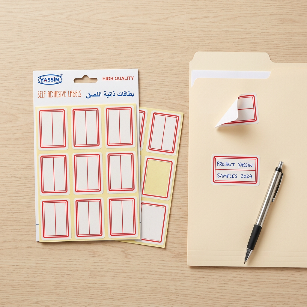 Yassin white 6-up labels pack flatlay with handwritten label on folder