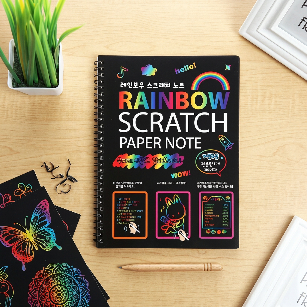 Magic colorful scratch-art drawing book with stylus flatlay