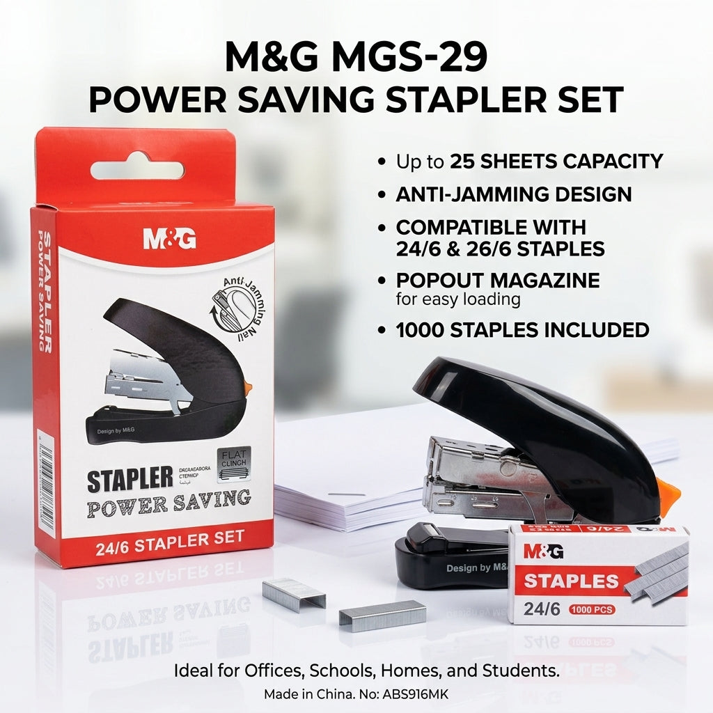 M&G Chenguang MGS-29 Power Saving Stapler Set with 1000 Staples – 25 Sheets Capacity, Anti-Jamming, Suitable for 24/6 & 26/6 Staples - 1pcs - No: ABS916MK