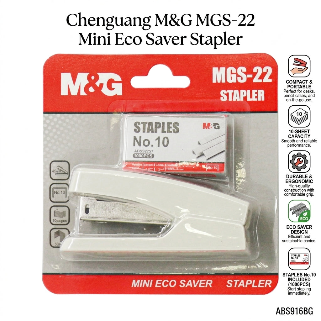 M&G Chenguang MGS-22 Mini Strong Durable Eco Saver Stapler with No.10 Staples – Compact Desktop Stapler - No:ABS916BG