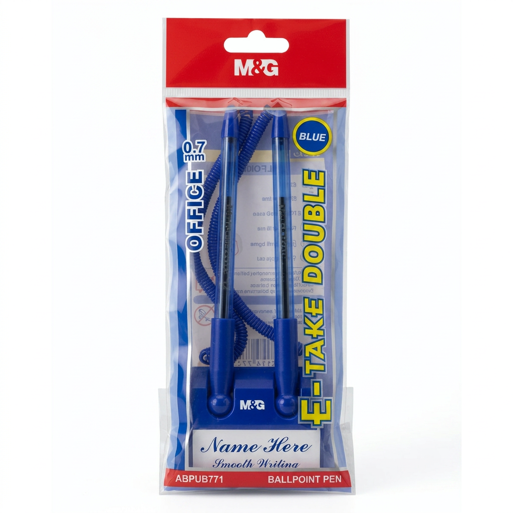 M&G desk ballpoint pen with chain and adhesive base studio packshot