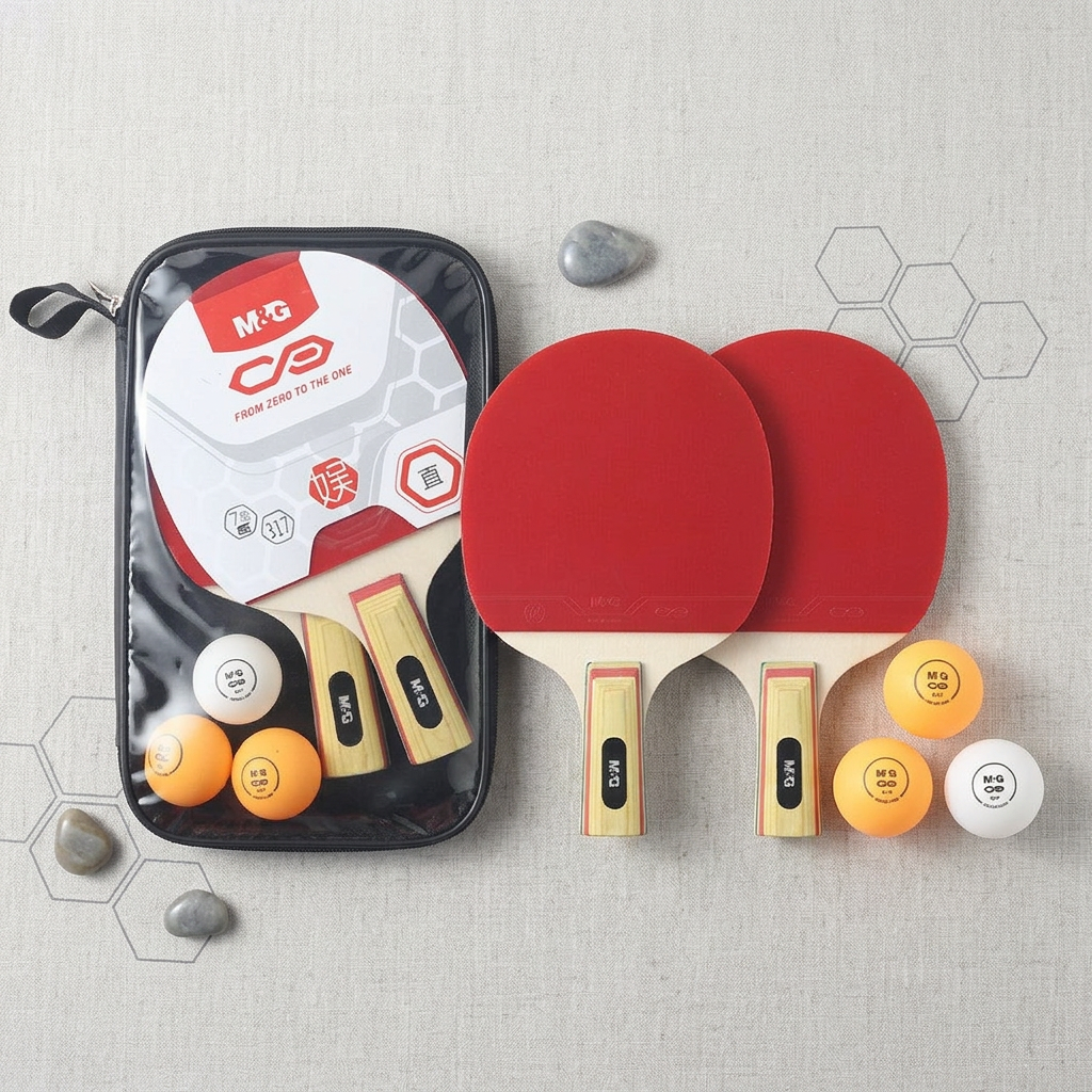 M&G table tennis set with paddles, balls and carry case flatlay