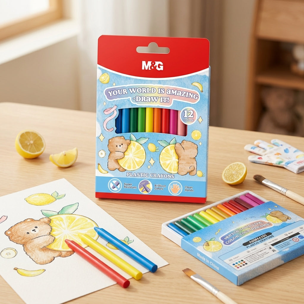 M&G Chenguang Plastic Crayons 12 Colors – Non-Toxic, Smooth Drawing Set for Kids & Artists - No:AGMX4164