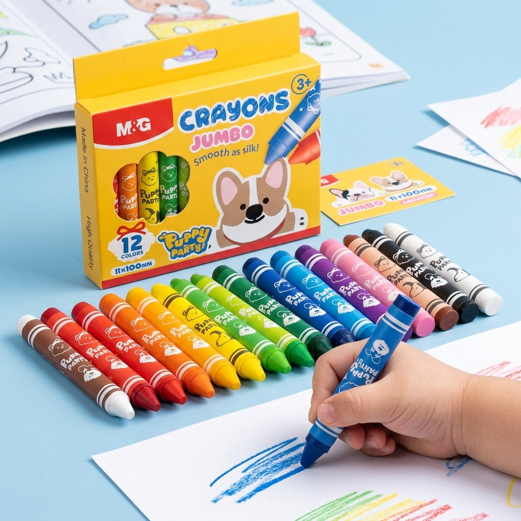 M&G Chenguang Puppy Party Jumbo Crayons – 12 Colors Jumbo Wax Crayon Set (11 × 100 mm) | Easy-Grip Coloring Crayons for Kids - No:AGMX4241