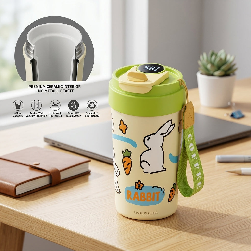 450ml Smart Temperature Display Ceramic-Lined Insulated Travel Mug – Rabbit Design, Leakproof Coffee Cup