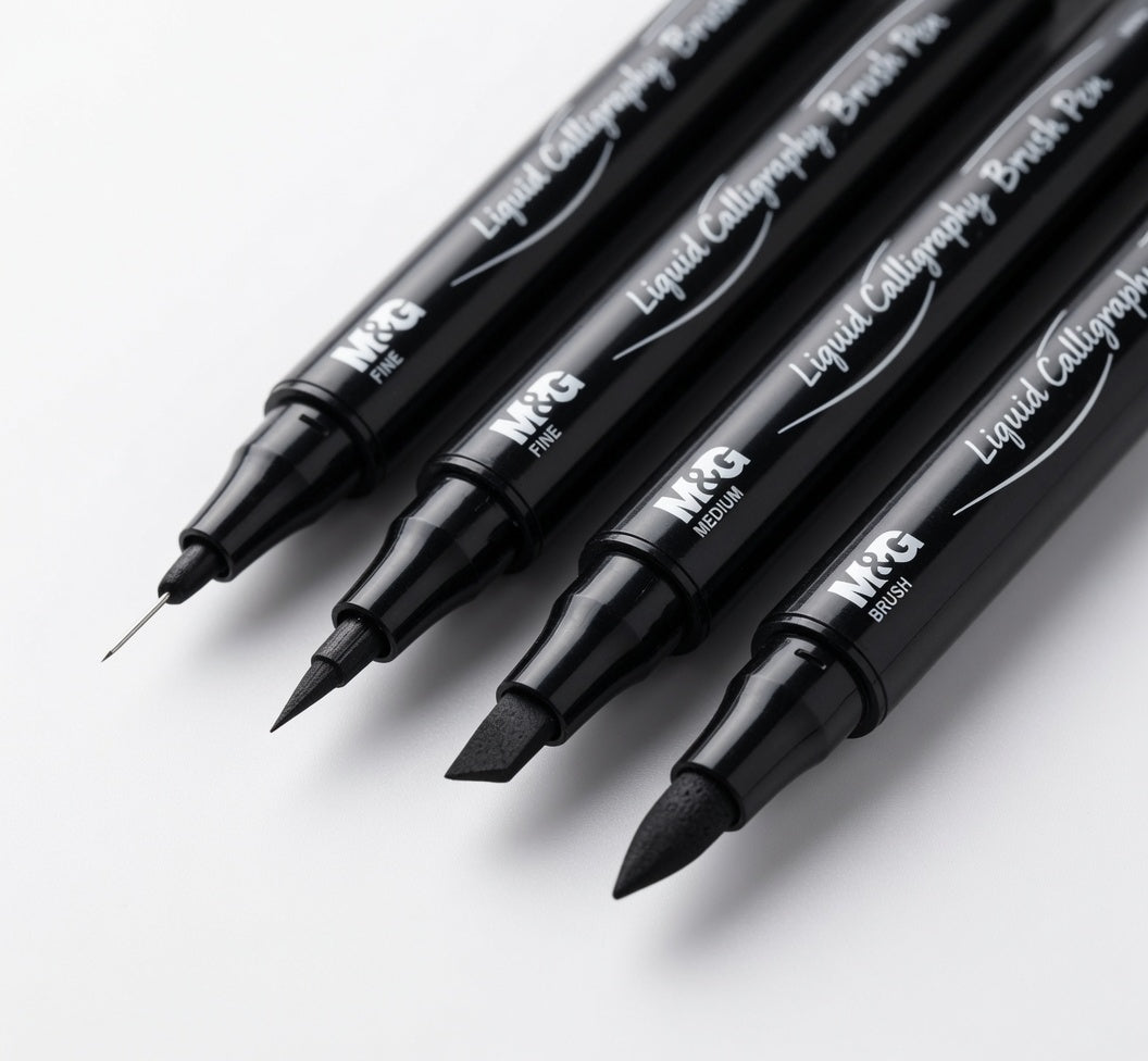 M&G Chenguang Professional Calligraphy Brush Pen Set – 4 Black Pens (Extra Fine, Fine, Medium & Brush Tips) | Waterproof Ink - No: HARP2574