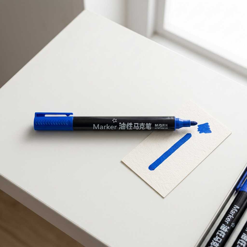 M&G oil-based paint marker flatlay with marked sample