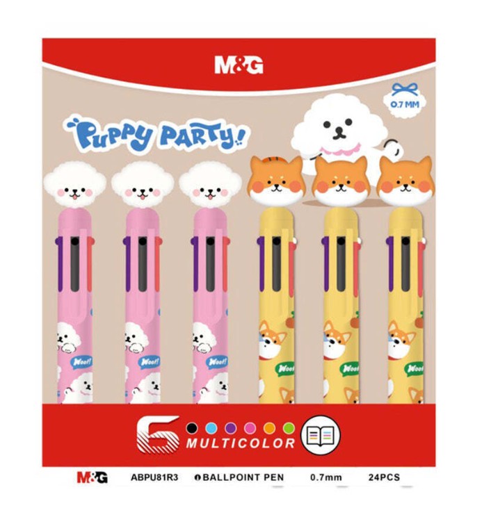 M&G Chenguang Puppy Party 6-Color Multicolor Ballpoint Pen 0.7mm – Cute Animal Design, Retractable Pen -1pcs - No:ABPU81R3
