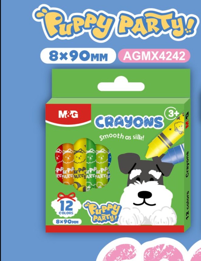 M&G Chenguang Puppy Party Crayons – 12 Colors Jumbo Wax Crayons (8 × 90 mm) | Smooth Coloring for Kids - No: AGMX4242