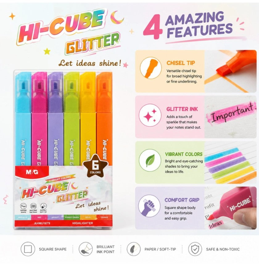 M&G Chenguang HI-CUBE Glitter Highlighter Set – 6 Vibrant Glitter Colors | Soft Chisel Tip - No:AHMU1679