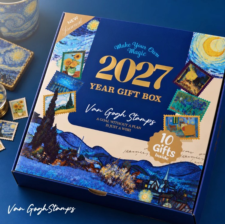 Mofakera Van Gogh Stamps Year Gift Box 2027 – Luxury A5 Daily Planner & 10-Piece Stationery Gift Set - Blue ( Agenda )