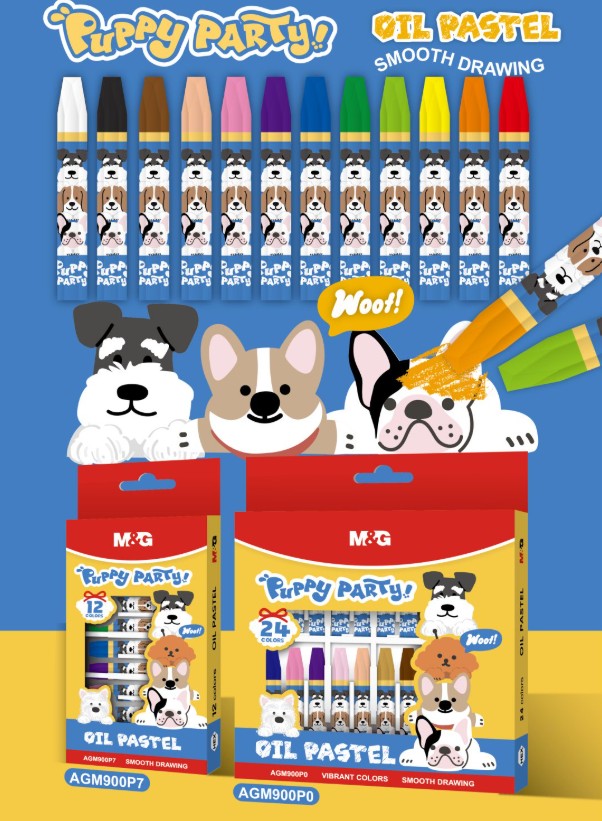 M&G Chenguang Puppy Party Oil Pastels – 12 Vibrant Colors, Smooth Drawing Crayons for Kids, School & Art Projects - No: AGM900P7