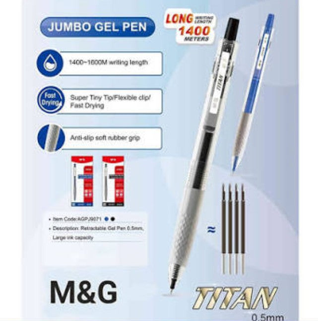M&G Chenguang Titan Retractable Gel Pen 0.5mm black , Blue and Red Fast-Dry - 1pcs - No.AGPJ9071