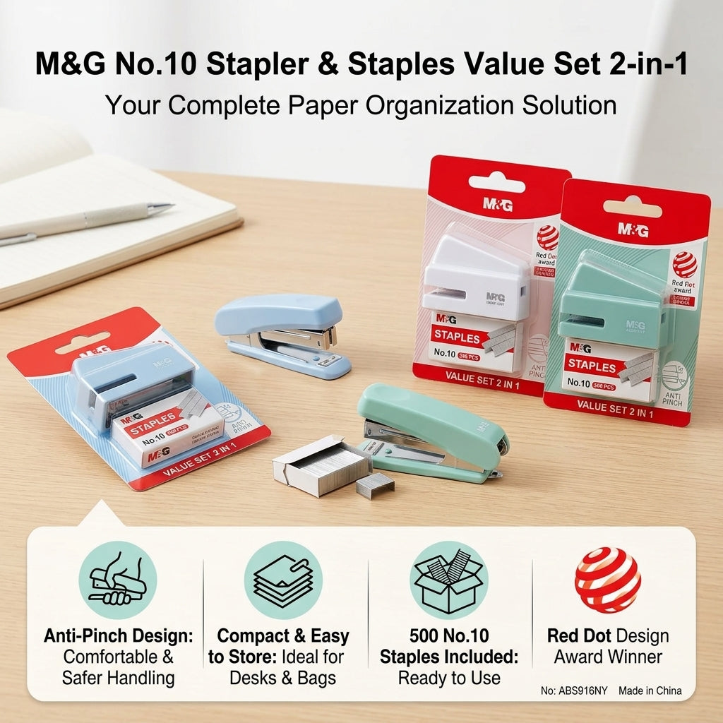 M&G Chenguang No.10 Stapler & Staples Value Set 2-in-1, 500 Staples, Anti-Pinch Compact Stapler - 1pcs - No: ABS916NY
