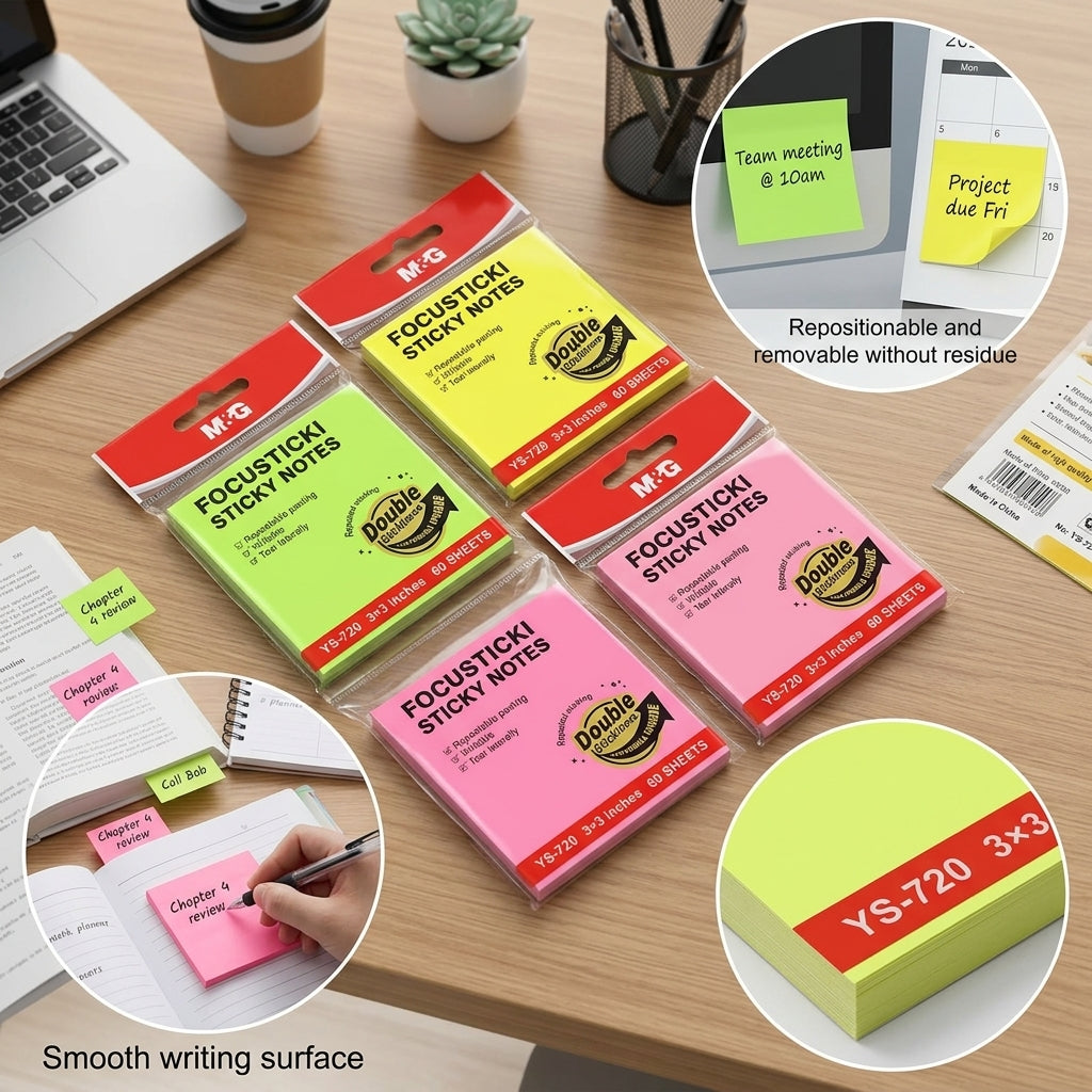 M&G Chenguang FOCUSTICKI Sticky Notes 3 × 3 Inches – 60 Sheets, Repositionable Self-Adhesive Memo Pads, Assorted Neon Colors - No: YS-720