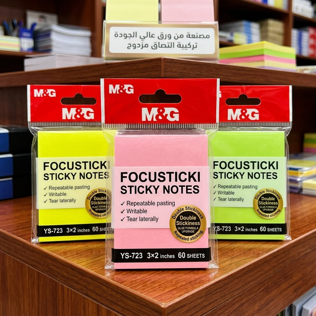 M&G Chenguang FOCUSTICKI Sticky Notes 3 × 2 Inches – 60 Sheets, Repositionable Self-Adhesive Memo Pads, Assorted Neon Colors - 1pcs - No: YS-723