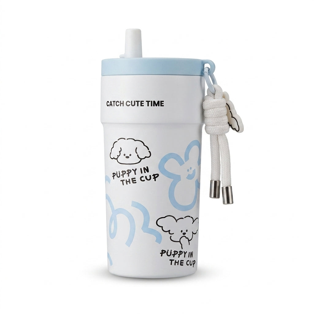 500ml Stainless Steel Insulated Tumbler with Straw & Tea Infuser – Puppy Design, Leakproof Thermal Travel Cup