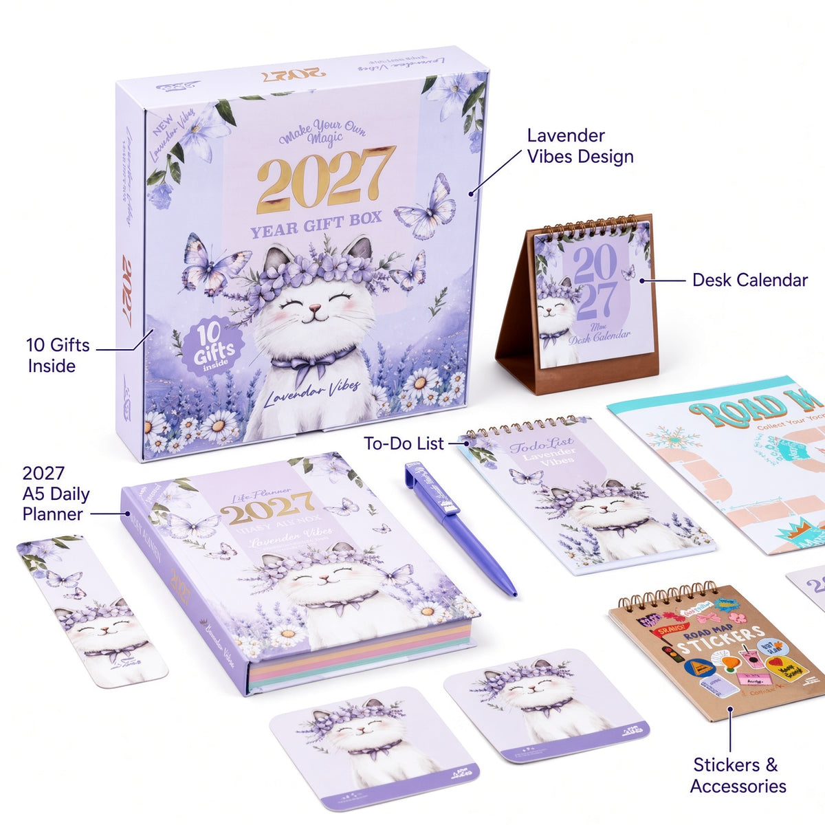 Mofakera Lavendar Vibes 2027 Year Gift Box – Luxury A5 Daily Planner & 10-Piece Stationery Gift Set - Purple ( Agenda )